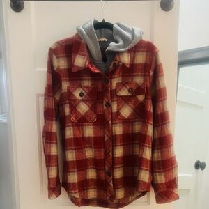 Hem & Thread Red Plaid Women's Cardigan with Gray Hood